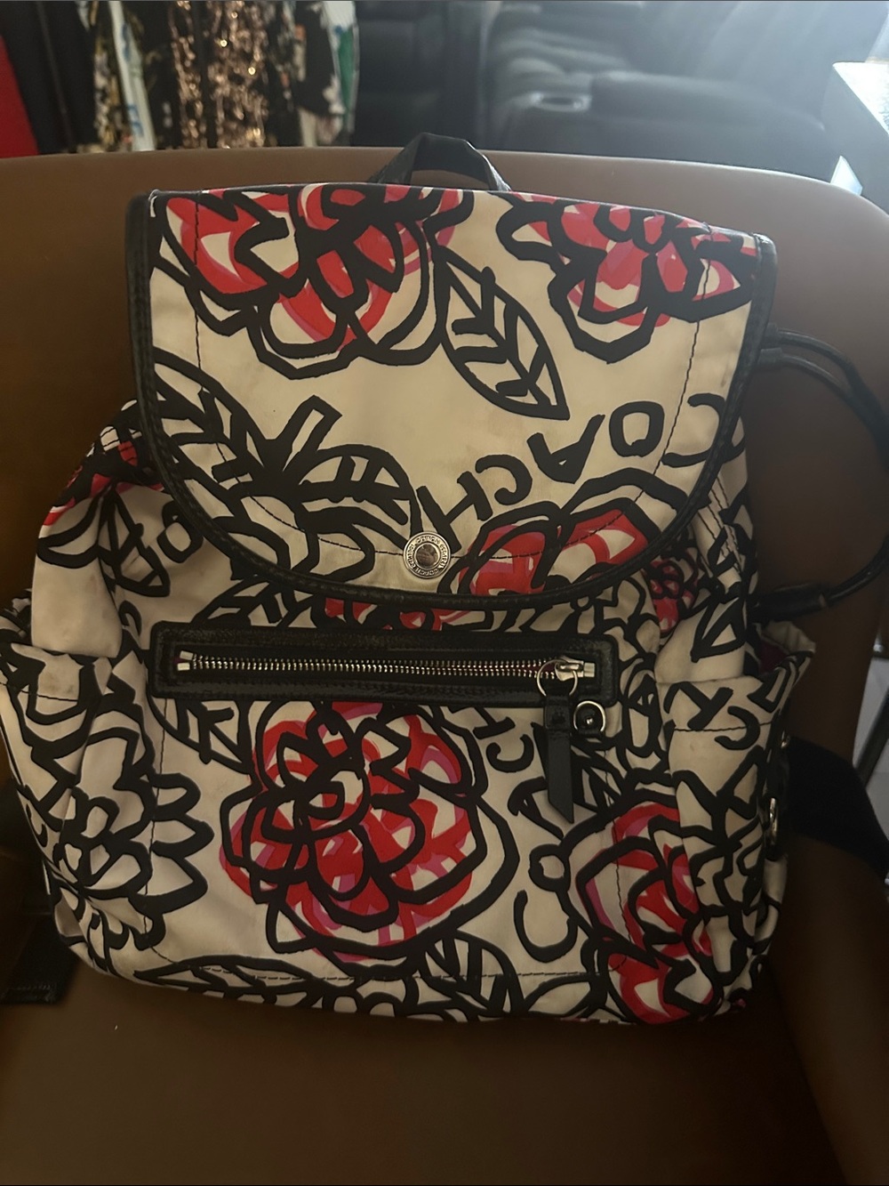 Coach White Nylon Backpack with Red & Black Floral Print